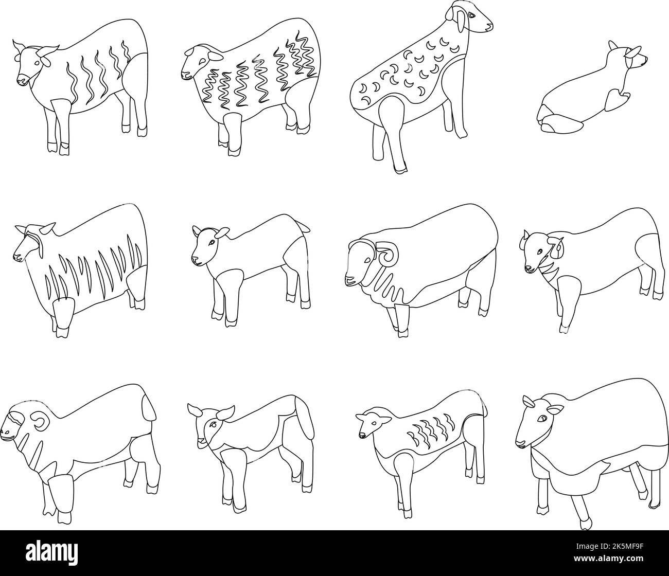 Icônes brebis définies. L'ensemble isométrique d'icônes de vecteur de brebis décrit le lne mince isolé sur blanc Illustration de Vecteur