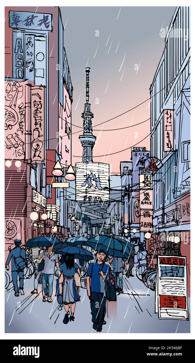 Japon, rue à Tokyo sous la pluie au crépuscule - illustration vectorielle (les caracters japonais sont faux - pas de sens) (idéal pour l'impression, l'affiche ou le papier peint, Illustration de Vecteur