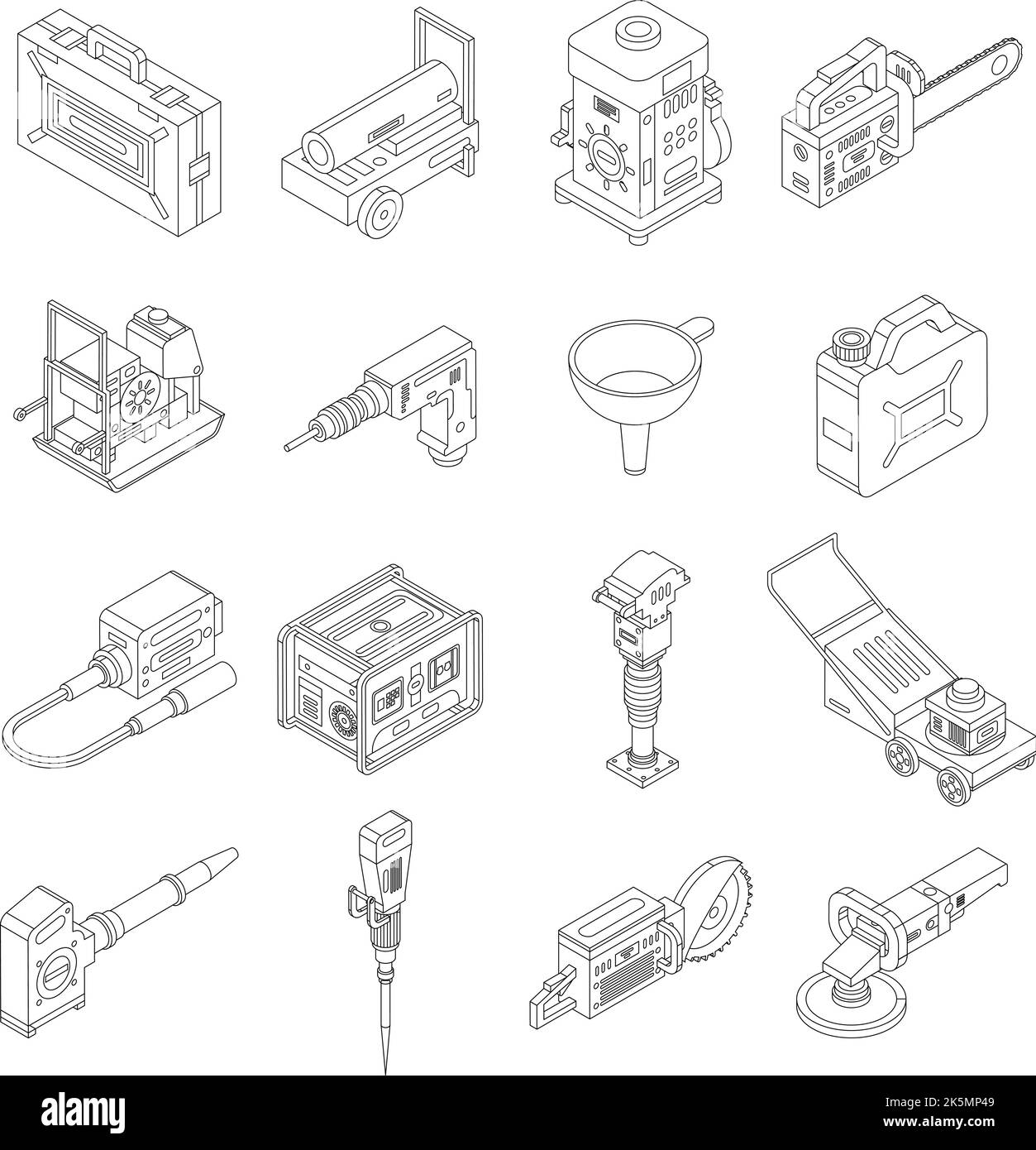 Icônes des outils d'essence définies. Ensemble isométrique d'outils à essence les icônes vectorielles donnent le contour de l'eln mince isolée sur blanc Illustration de Vecteur