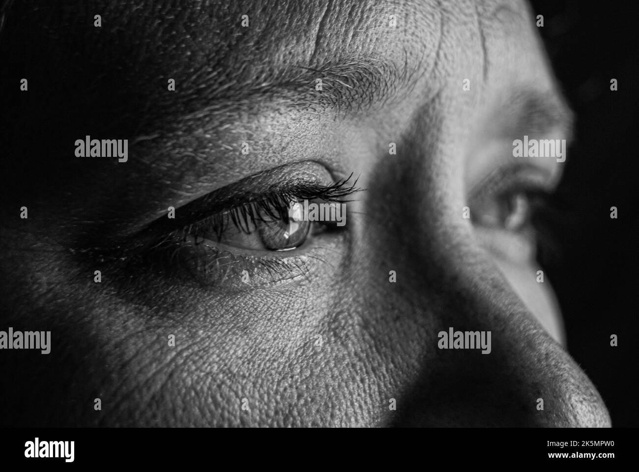 Un gros plan en échelle de gris des yeux d'une femme avec des larmes dans ses yeux Banque D'Images
