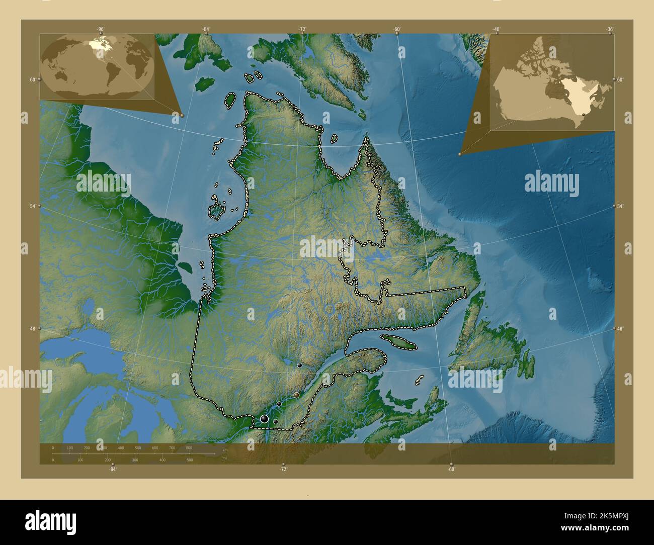 Québec, province du Canada. Carte d'altitude en couleur avec lacs et