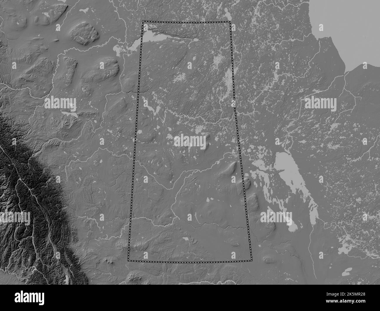 Saskatchewan, province du Canada. Carte d'altitude à deux niveaux avec lacs et rivières Banque D'Images