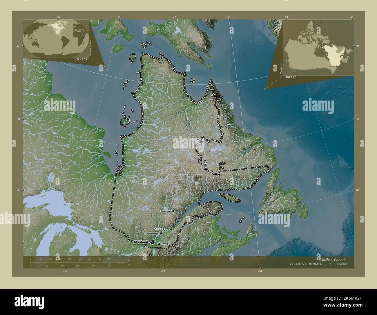 Québec, province du Canada. Carte d'altitude colorée en style wiki avec