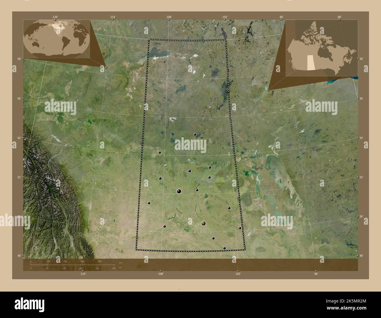 Saskatchewan, province du Canada. Carte satellite basse résolution. Lieux des principales villes de la région. Cartes d'emplacement auxiliaire d'angle Banque D'Images
