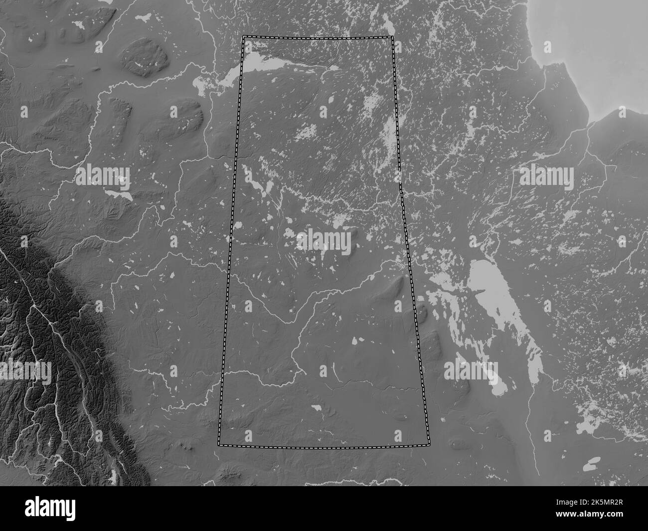 Saskatchewan, province du Canada. Carte d'altitude en niveaux de gris avec lacs et rivières Banque D'Images