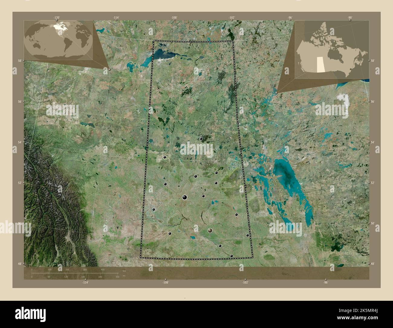Saskatchewan, province du Canada. Carte satellite haute résolution. Lieux des principales villes de la région. Cartes d'emplacement auxiliaire d'angle Banque D'Images