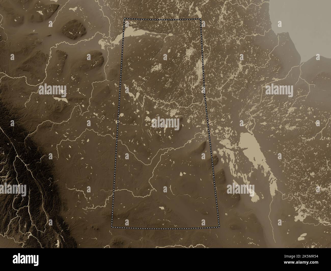 Saskatchewan, province du Canada. Carte d'altitude colorée en tons sépia avec lacs et rivières Banque D'Images