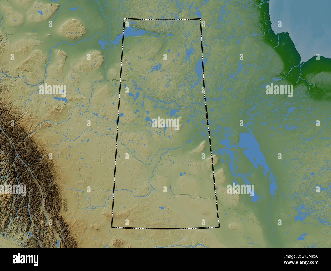 Saskatchewan, province du Canada. Carte d'altitude en couleur avec lacs et rivières Banque D'Images