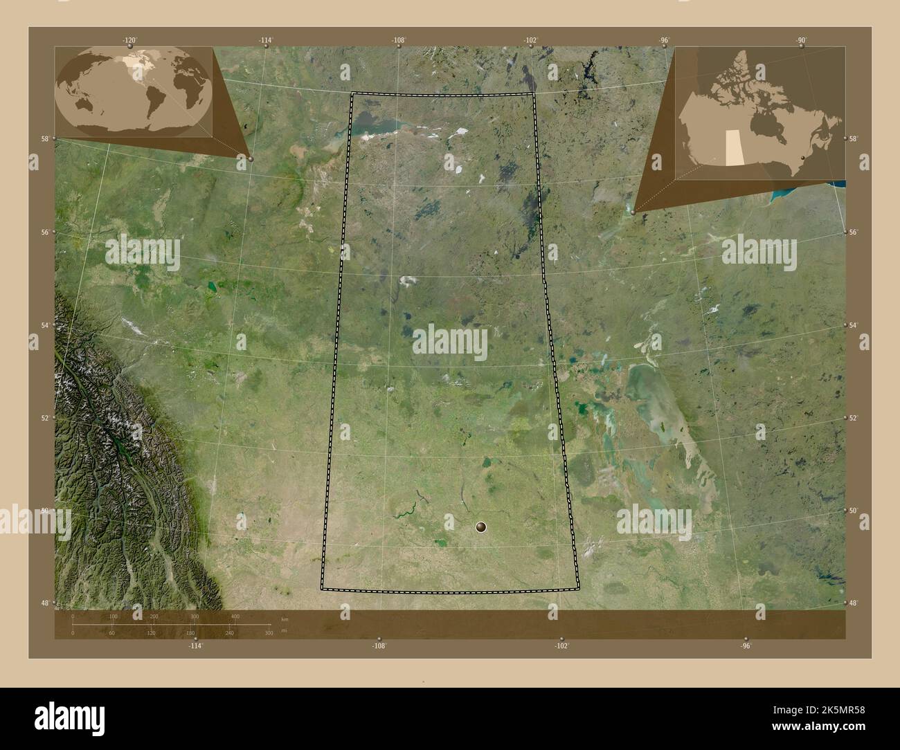Saskatchewan, province du Canada. Carte satellite basse résolution. Cartes d'emplacement auxiliaire d'angle Banque D'Images
