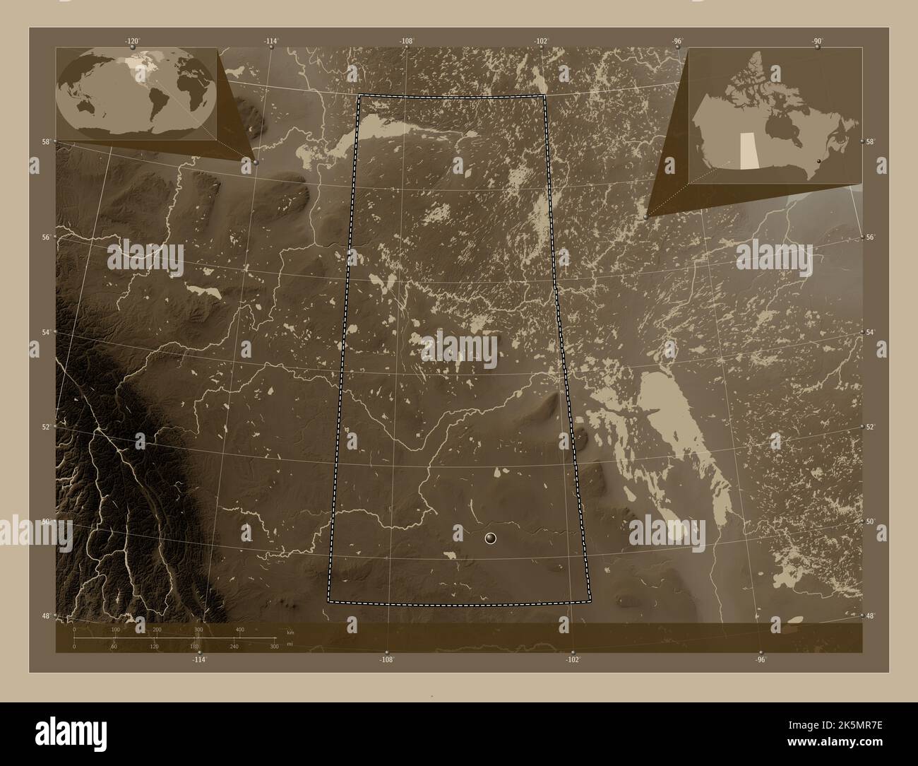 Saskatchewan, province du Canada. Carte d'altitude colorée en tons sépia avec lacs et rivières. Cartes d'emplacement auxiliaire d'angle Banque D'Images