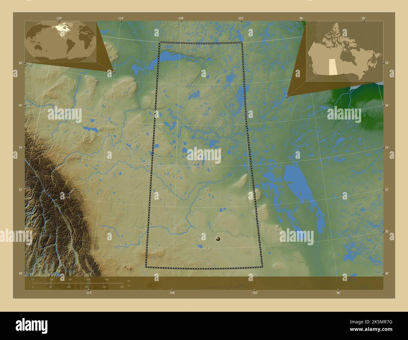 Saskatchewan, province du Canada. Carte d'altitude en couleur avec lacs et rivières. Cartes d'emplacement auxiliaire d'angle Banque D'Images