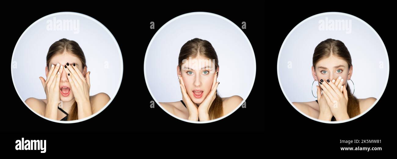 Trois singes sages. Collage portrait. Ne voyez pas de mal. N'entendez aucun mal. Ne parlez pas de mal. Aveugle sourd muet femme couvrant les yeux oreilles bouche isolée sur la lumière dans ro Banque D'Images