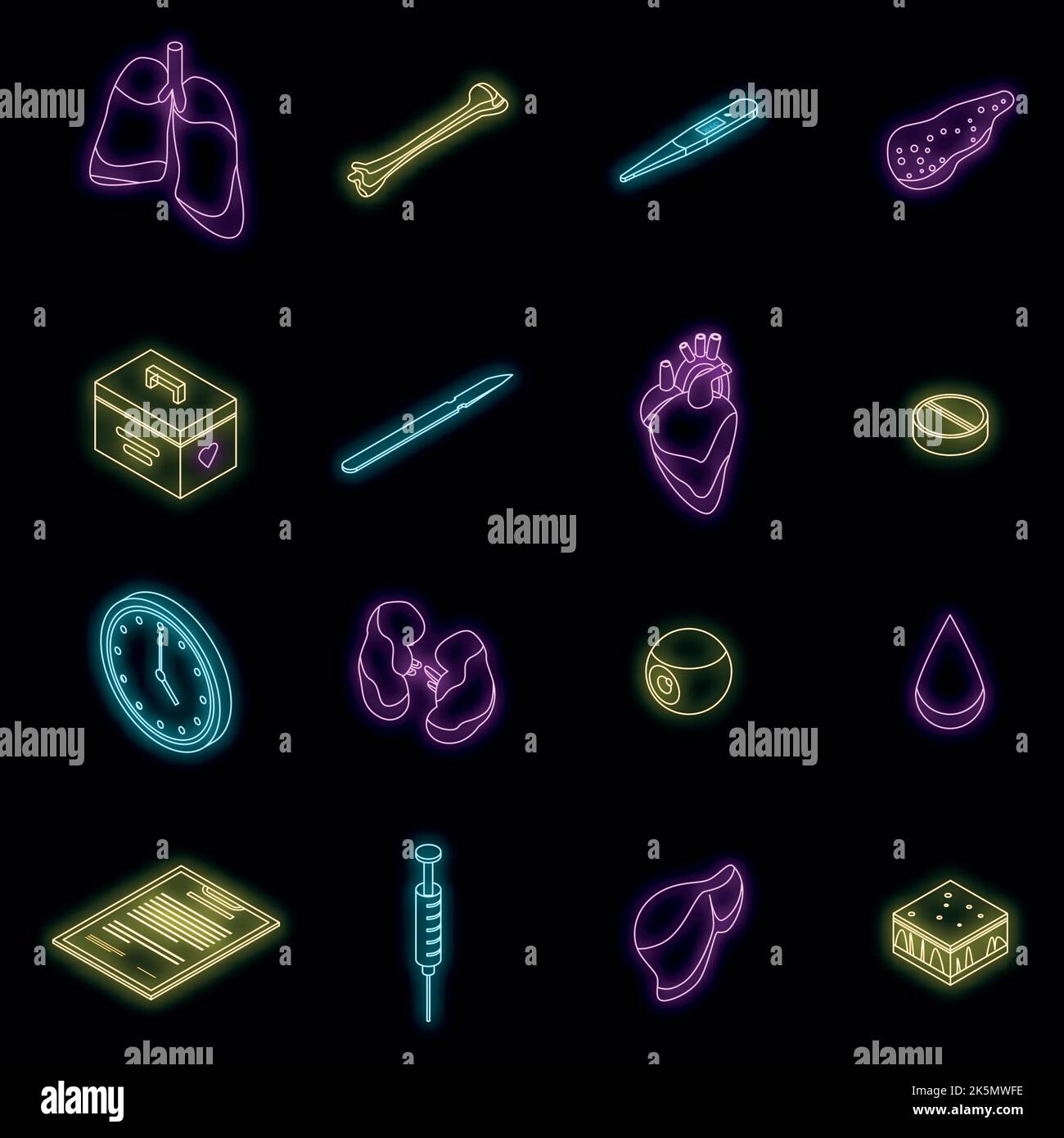 Ensemble d'icônes de dons d'organes. Ensemble isométrique d'organes de don icônes vectorielles couleur néon sur noir Illustration de Vecteur