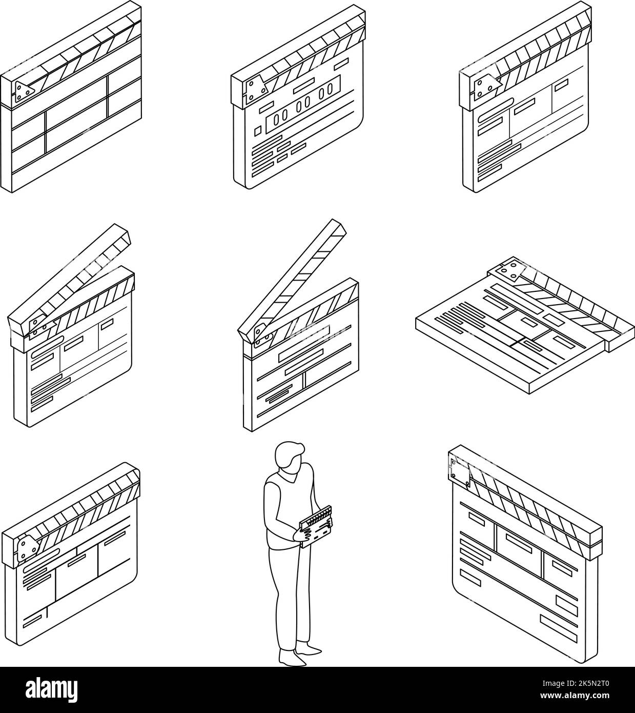 Jeu d'icônes de Clapper. L'ensemble isométrique d'icônes vectorielles clapper décrit une lne mince isolée sur blanc Illustration de Vecteur