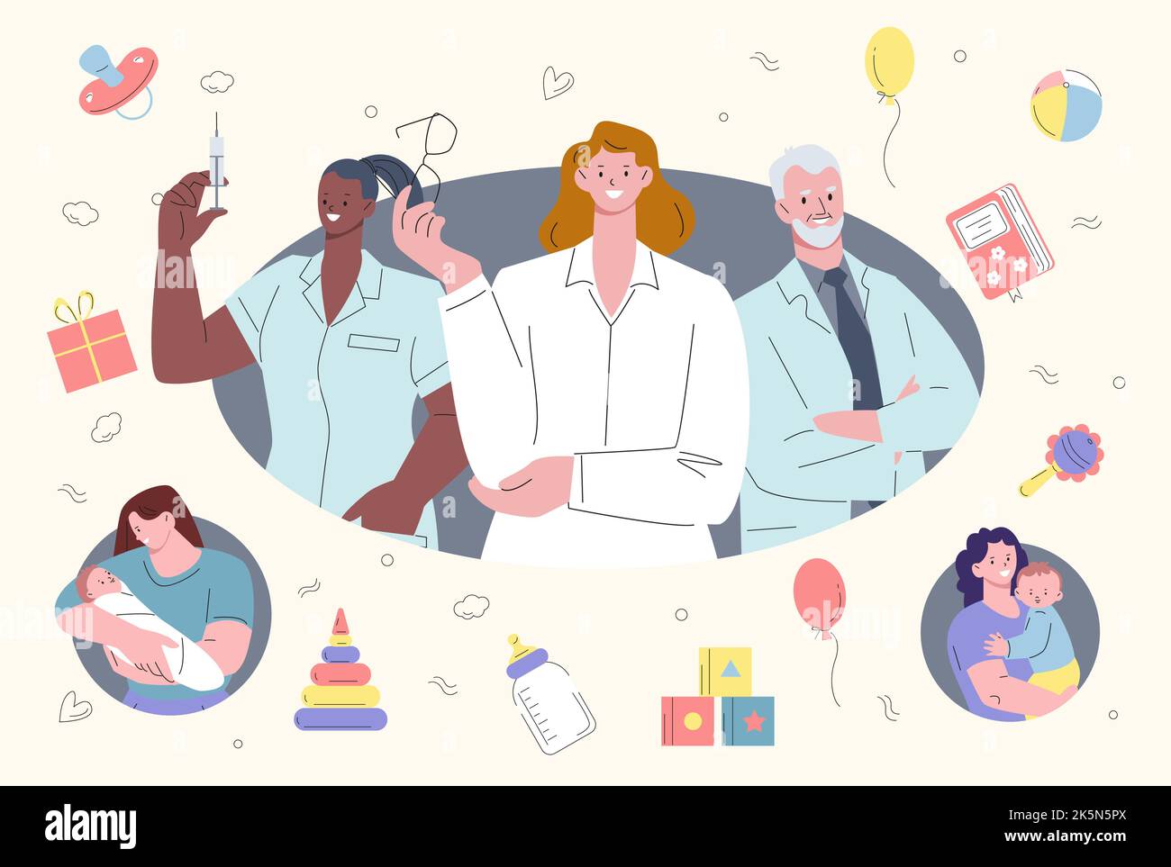 Gynécologie, concept de fécondation in vitro. L'équipe de médecins et les mères heureux tiennent les bébés. Naissance d'un bébé, maternité ou parentalité. Médecine familiale féminine Illustration de Vecteur