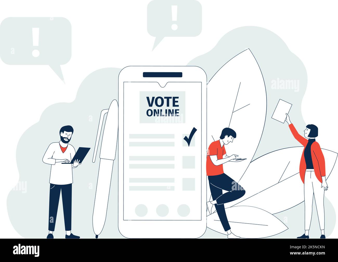 Concept de vote en ligne du gouvernement. Les gens votent avec des gadgets, des smartphones et des ordinateurs portables. Sondage des étudiants ou élections, vecteur politique électronique récent Illustration de Vecteur