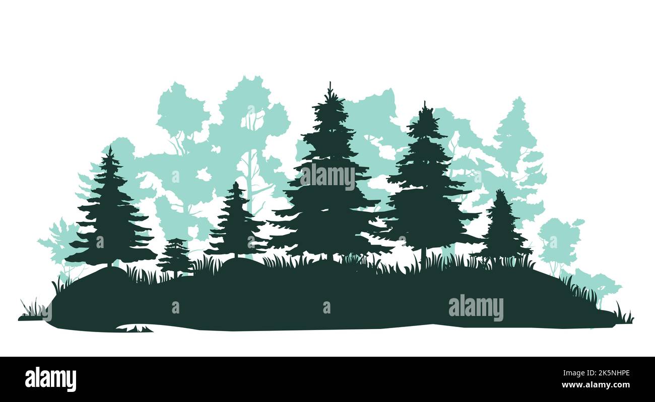 Marais trop grands. Forêt de conifères avec des sapins et des pins. Paysage avec arbres et herbe. Silhouette. Isolé sur fond blanc. Vecteur. Illustration de Vecteur
