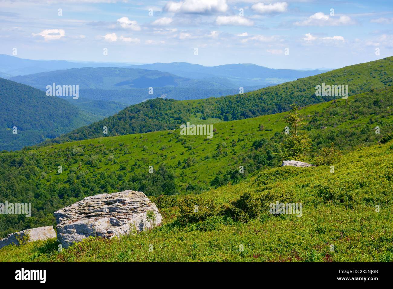 paysage alpin des montagnes carpathes. pierres sur les collines herbeuses. temps ensoleillé avec nuages au-dessus de la crête lointaine Banque D'Images