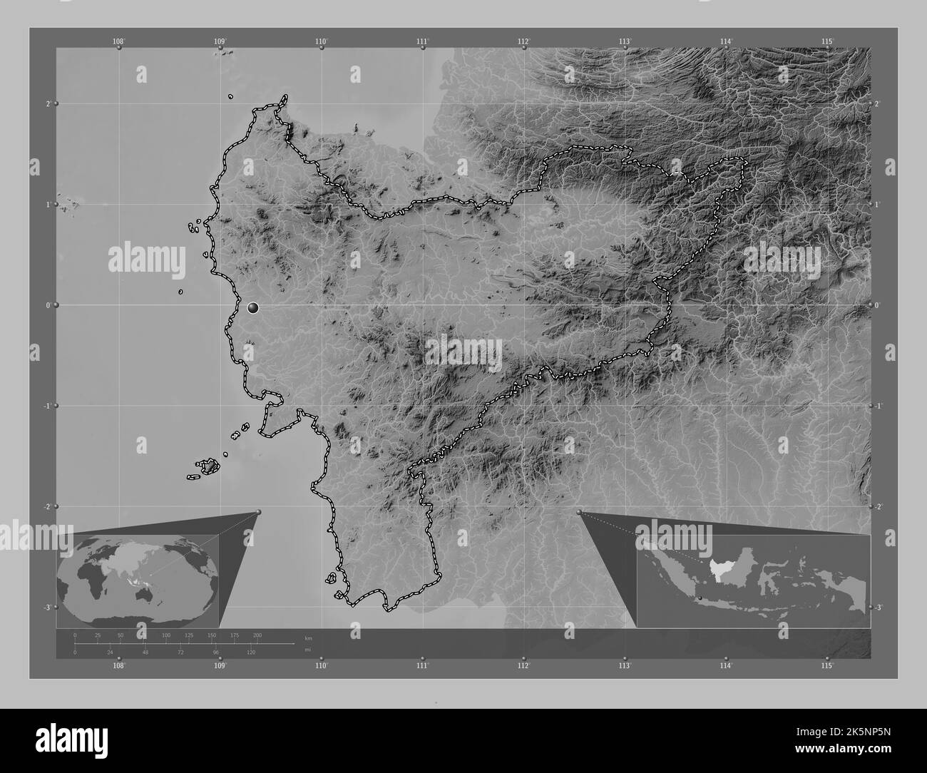 Kalimantan Barat, province d'Indonésie. Carte d'altitude en niveaux de gris avec lacs et rivières. Cartes d'emplacement auxiliaire d'angle Banque D'Images