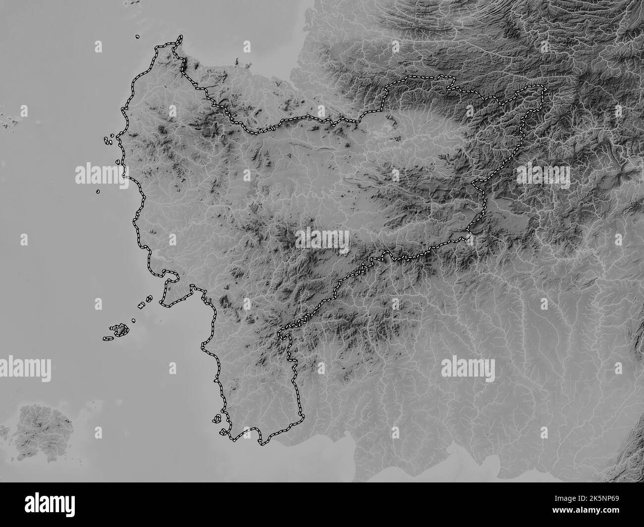 Kalimantan Barat, province d'Indonésie. Carte d'altitude en niveaux de gris avec lacs et rivières Banque D'Images