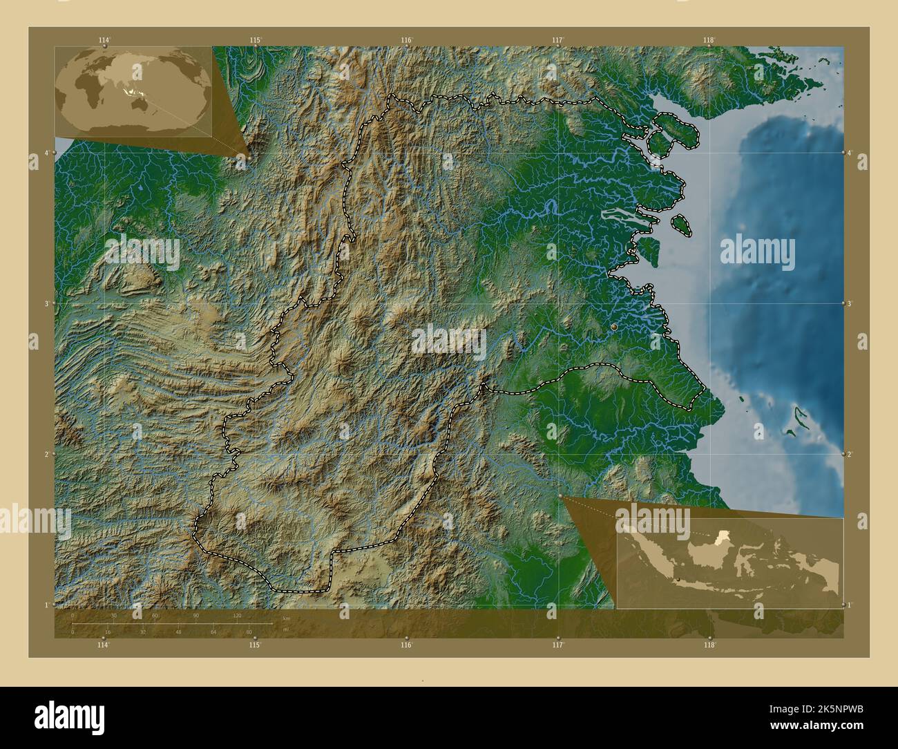 Kalimantan Utara, province d'Indonésie. Carte d'altitude en couleur avec lacs et rivières. Lieux des principales villes de la région. Emplacement auxiliaire d'angle Banque D'Images