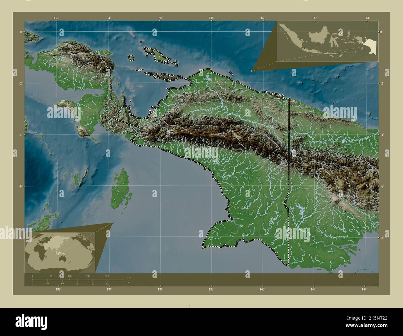 Papouasie, province d'Indonésie. Carte d'altitude colorée en style wiki avec lacs et rivières. Lieux des principales villes de la région. Emplacement auxiliaire de coin Banque D'Images