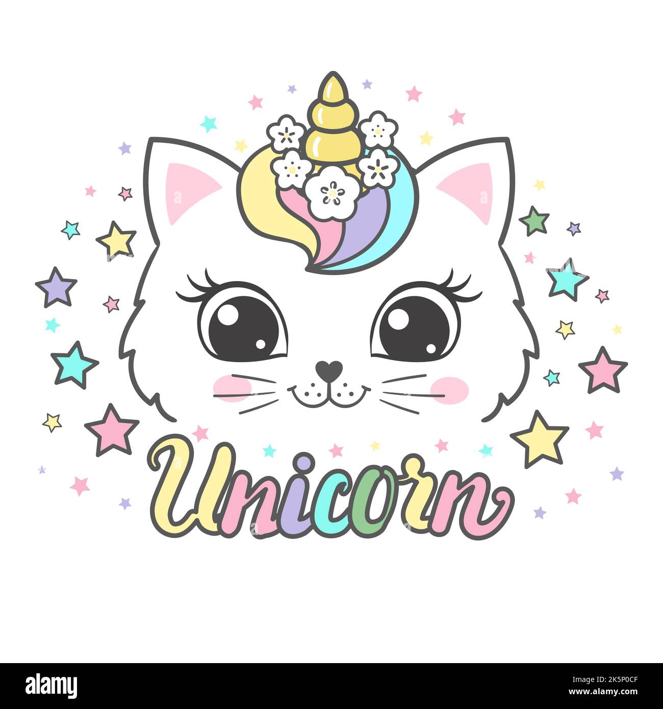 licorne de chat avec arc-en-ciel. Texte UNICORN. Vecteur Illustration de Vecteur