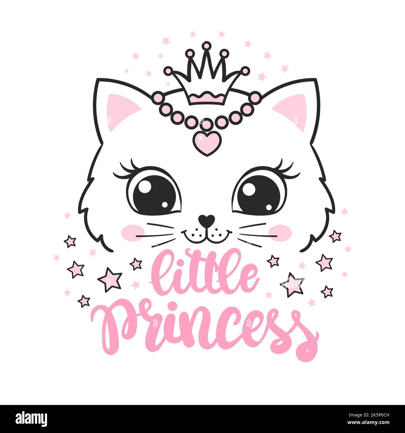 Texte « Little Princess ». Jolie face de chat avec une couronne. Vecteur Illustration de Vecteur
