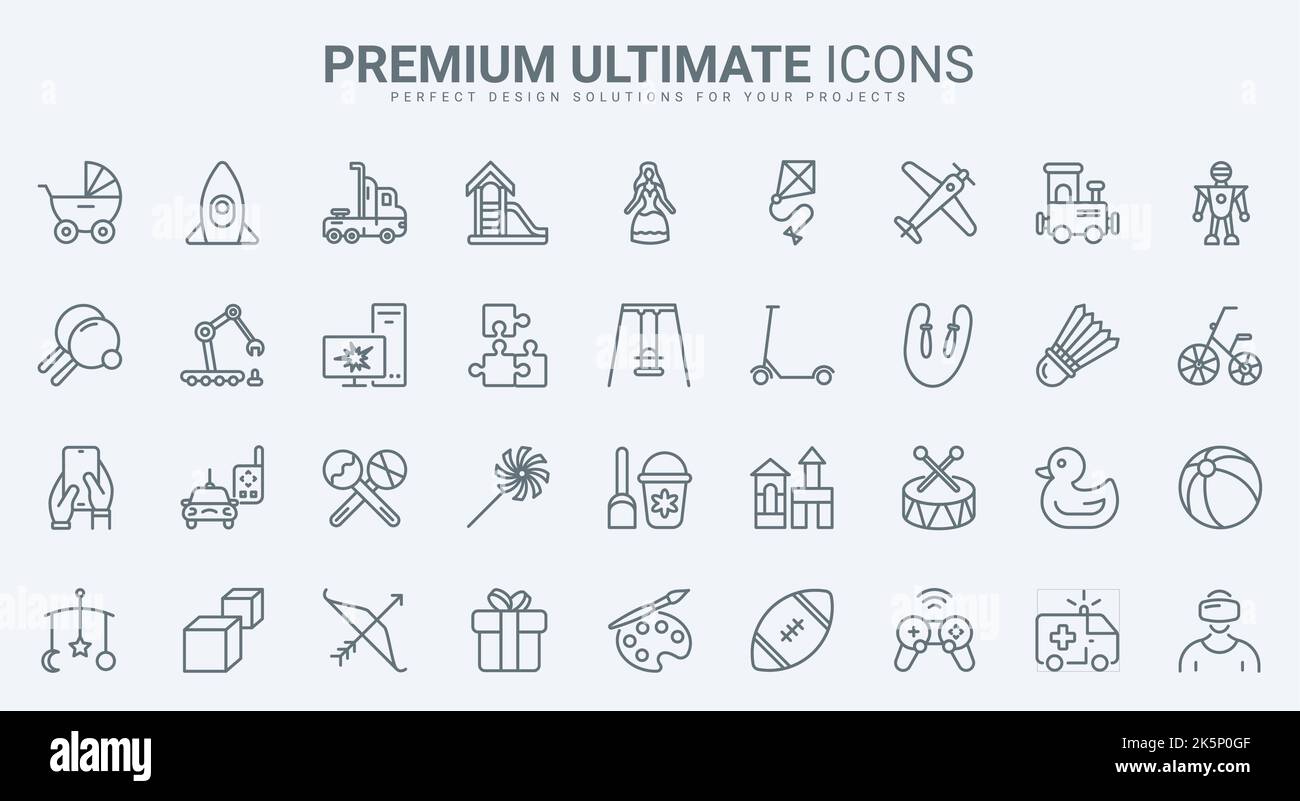 Jouets pour les jeux de garçons et filles fine ligne icônes définir l'illustration vectorielle. Outline collection de pictogrammes d'enfance avec poussette pour bébé, canard en caoutchouc et voiture, divertissement pour les loisirs des enfants Illustration de Vecteur