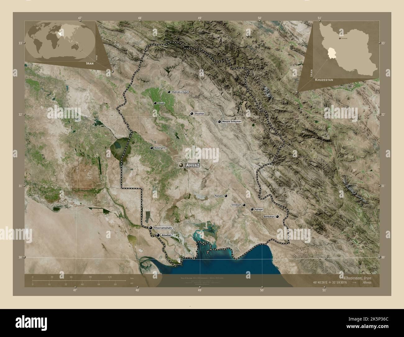 Khuzestan, province d'Iran. Carte satellite haute résolution. Lieux et noms des principales villes de la région. Cartes d'emplacement auxiliaire d'angle Banque D'Images