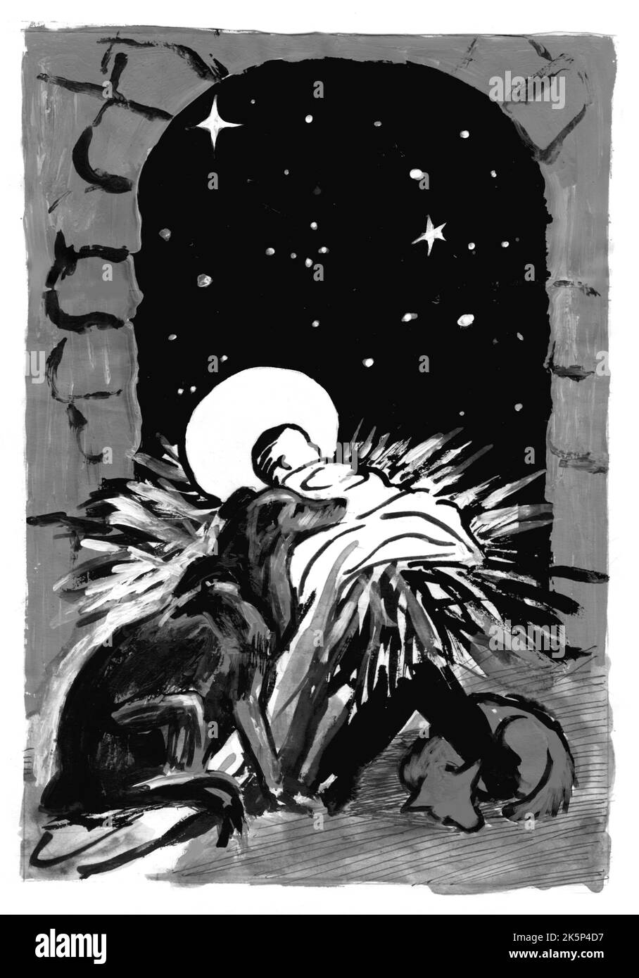Noël, carte faite main, version avec animaux. Deux chiens dorment dans un stable par le nouveau-né Jésus. Illustration monochrome réalisée à la main. Banque D'Images
