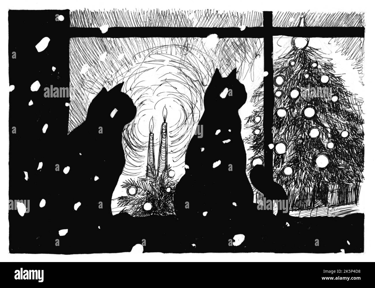 Noël, carte faite main, version avec animaux. Les chats sans-abri regardent par la fenêtre de l'arbre de Noël. Banque D'Images