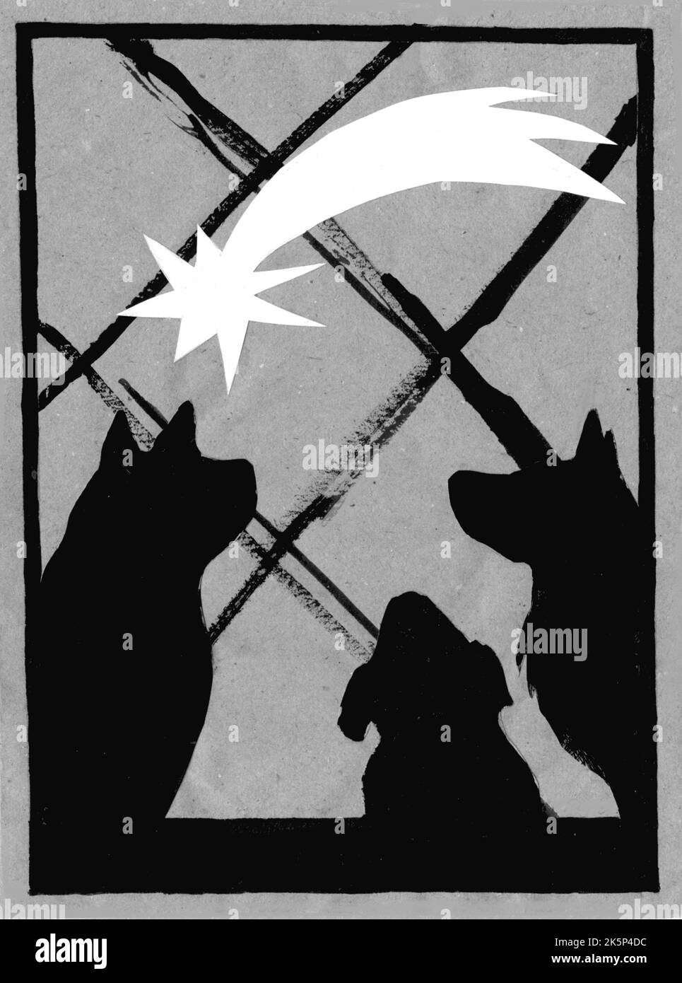 Noël, carte faite main, version animal. Les chiens sans abri dans un refuge regardent l'étoile de Bethléem. N'oublions pas les animaux pendant les vacances. Banque D'Images