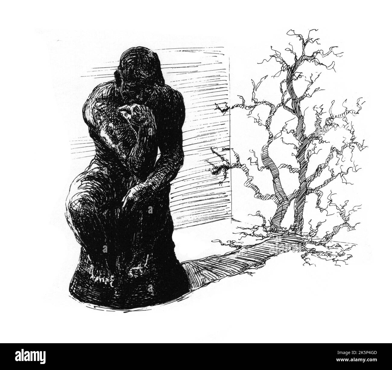 La sculpture de Rodin d'un penseur qui jette une ombre en forme d'arbre. Dessin noir et blanc réalisé avec un stylo. Banque D'Images