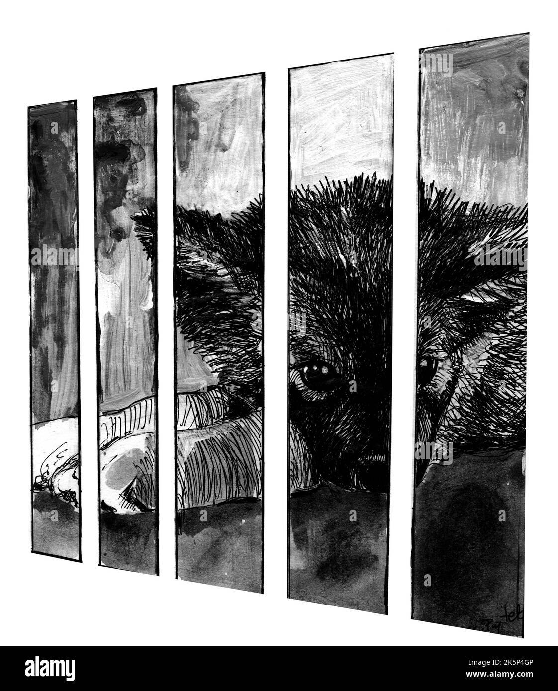 Un chiot est malheureusement enfermé dans une cage. Illustration monochrome faite à la main avec plume et peinture. Banque D'Images