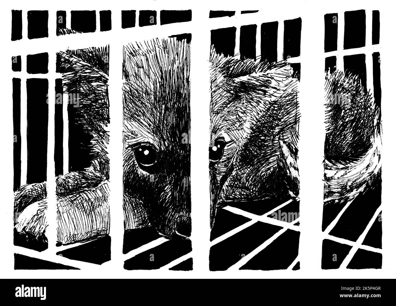 Un chiot est malheureusement enfermé dans une cage. Illustration monochrome faite à la main avec plume et peinture. Banque D'Images