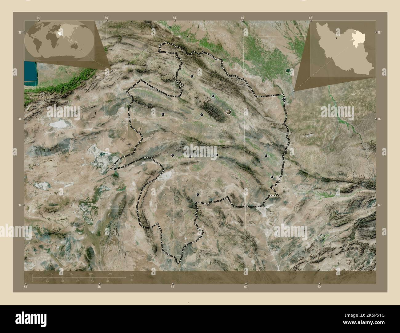 Razavi Khorasan, province d'Iran. Carte satellite haute résolution. Lieux des principales villes de la région. Cartes d'emplacement auxiliaire d'angle Banque D'Images