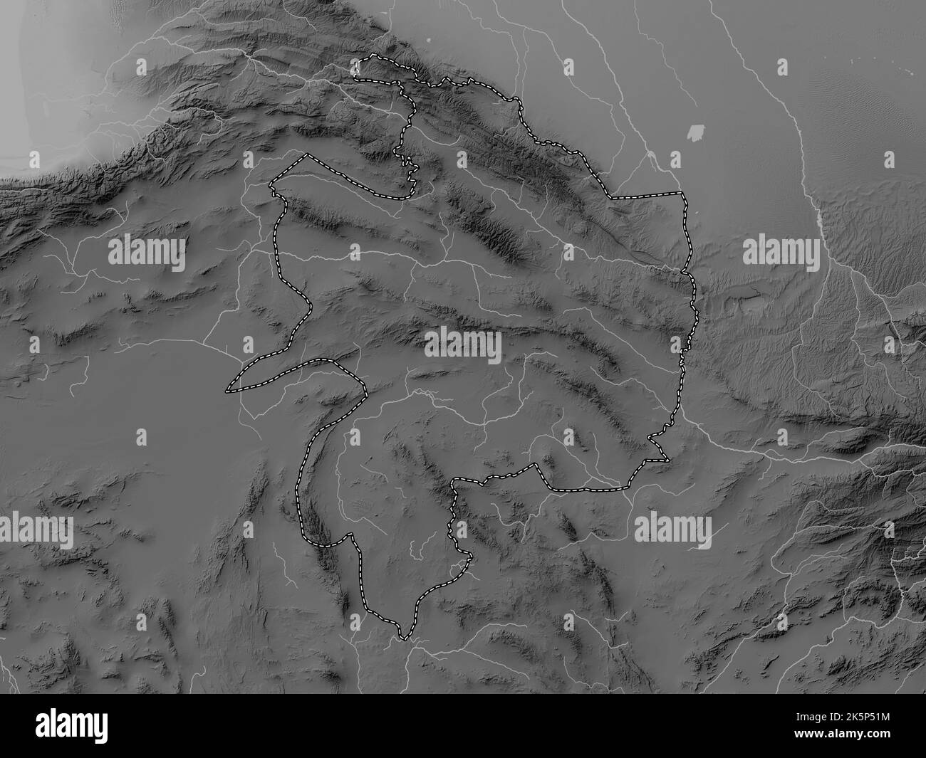 Razavi Khorasan, province d'Iran. Carte d'altitude en niveaux de gris avec lacs et rivières Banque D'Images