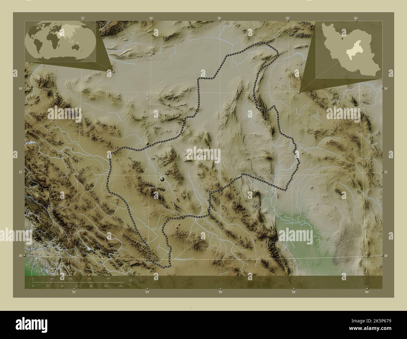 Yazd, province d'Iran. Carte d'altitude colorée en style wiki avec lacs et rivières. Cartes d'emplacement auxiliaire d'angle Banque D'Images