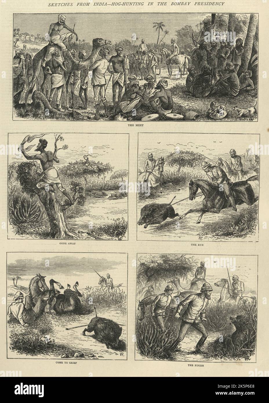 Esquisse une chasse sauvage de sanglier dans la présidence de Bombay, victorienne 19th siècle Banque D'Images