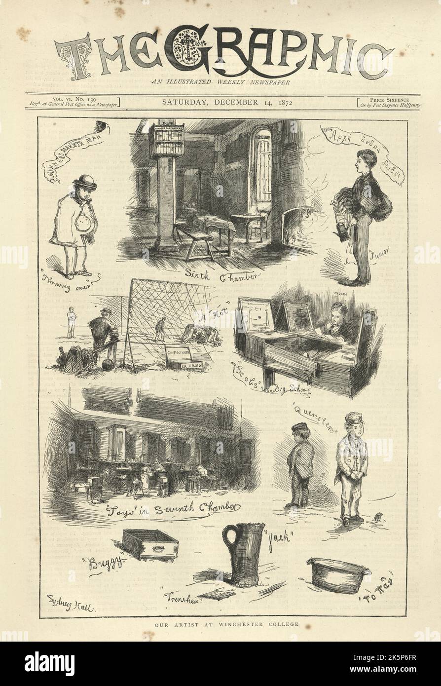 Journal vintage, Sketches at Winchester Collegem éducation victorienne, 1870s, 19th siècle Banque D'Images