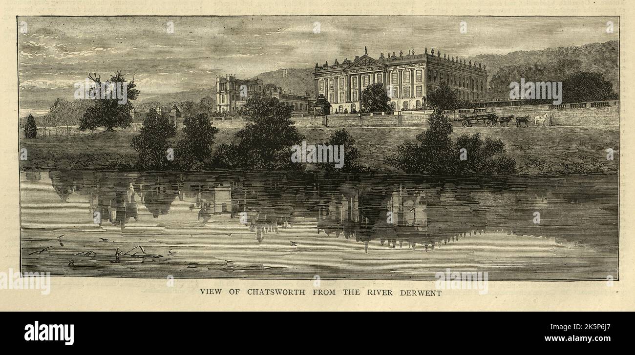 Gravure d'époque vue de Chatsworth de la rivière Derwent, victorienne 1870s Banque D'Images