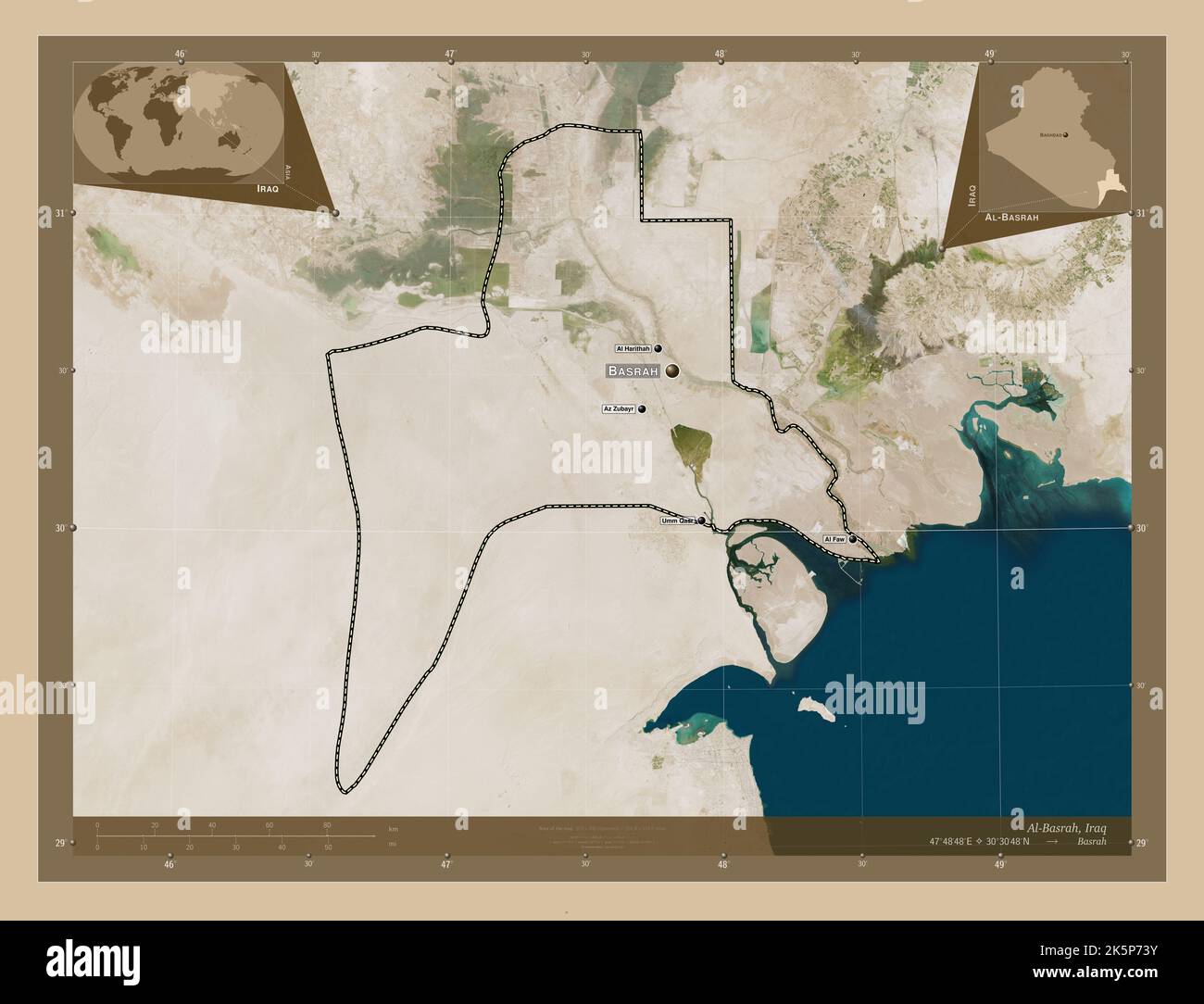 Al-Basrah, province d'Iraq. Carte satellite basse résolution. Lieux et ...