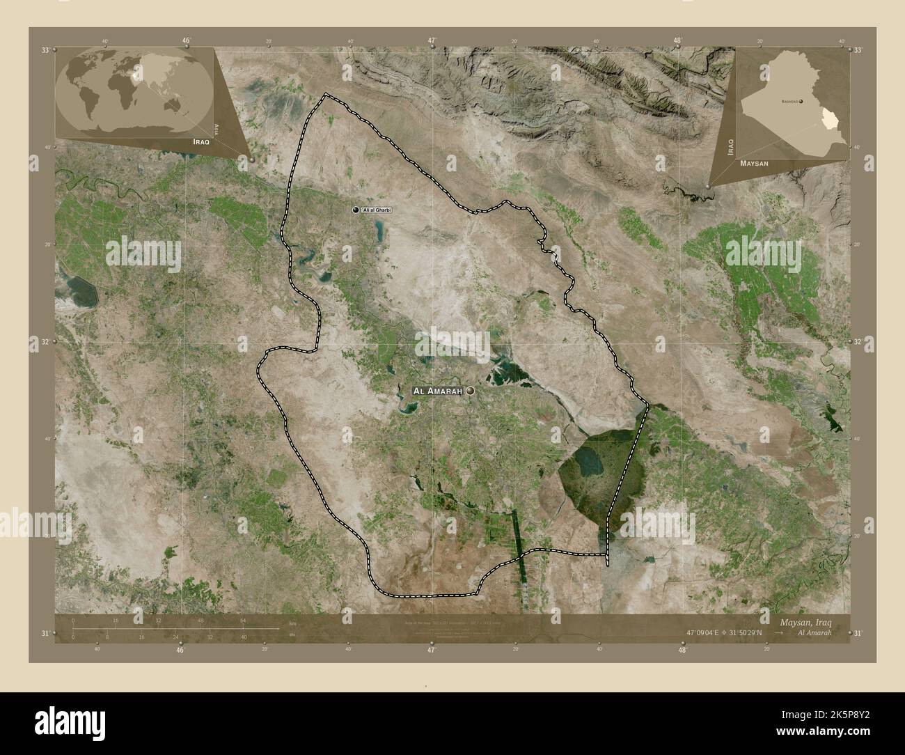 Maysan, province d'Irak. Carte satellite haute résolution. Lieux et noms des principales villes de la région. Cartes d'emplacement auxiliaire d'angle Banque D'Images