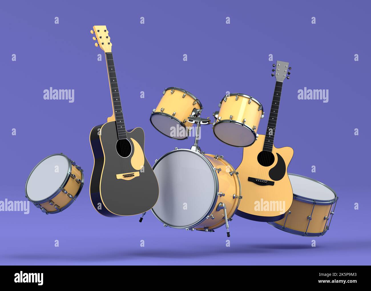 Jeu de guitares acoustiques électriques et batterie avec cymbales  métalliques sur fond violet. 3d rendu d'instruments de percussion musicale,  de tambours et de tambours Photo Stock - Alamy