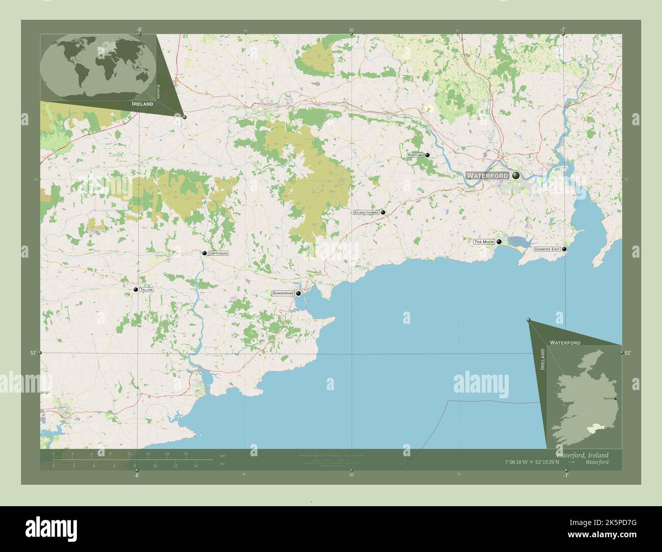Waterford, comté d'Irlande. Ouvrez la carte des rues. Lieux et noms des ...