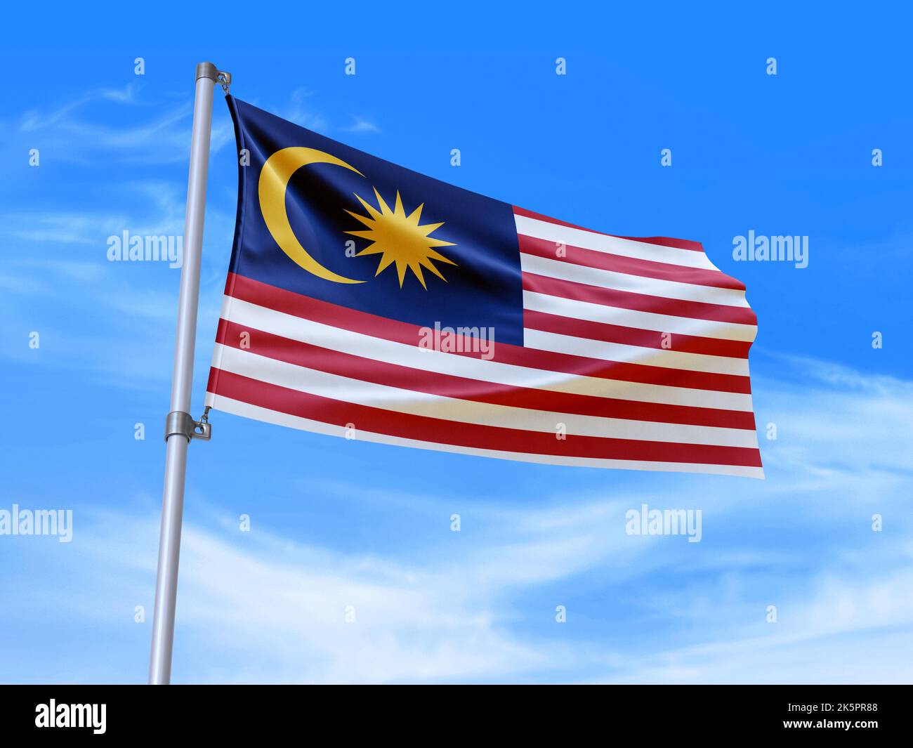 Magnifique drapeau de Malaisie agitant dans le vent avec fond de ciel - 3D illustration - 3D rendu Banque D'Images