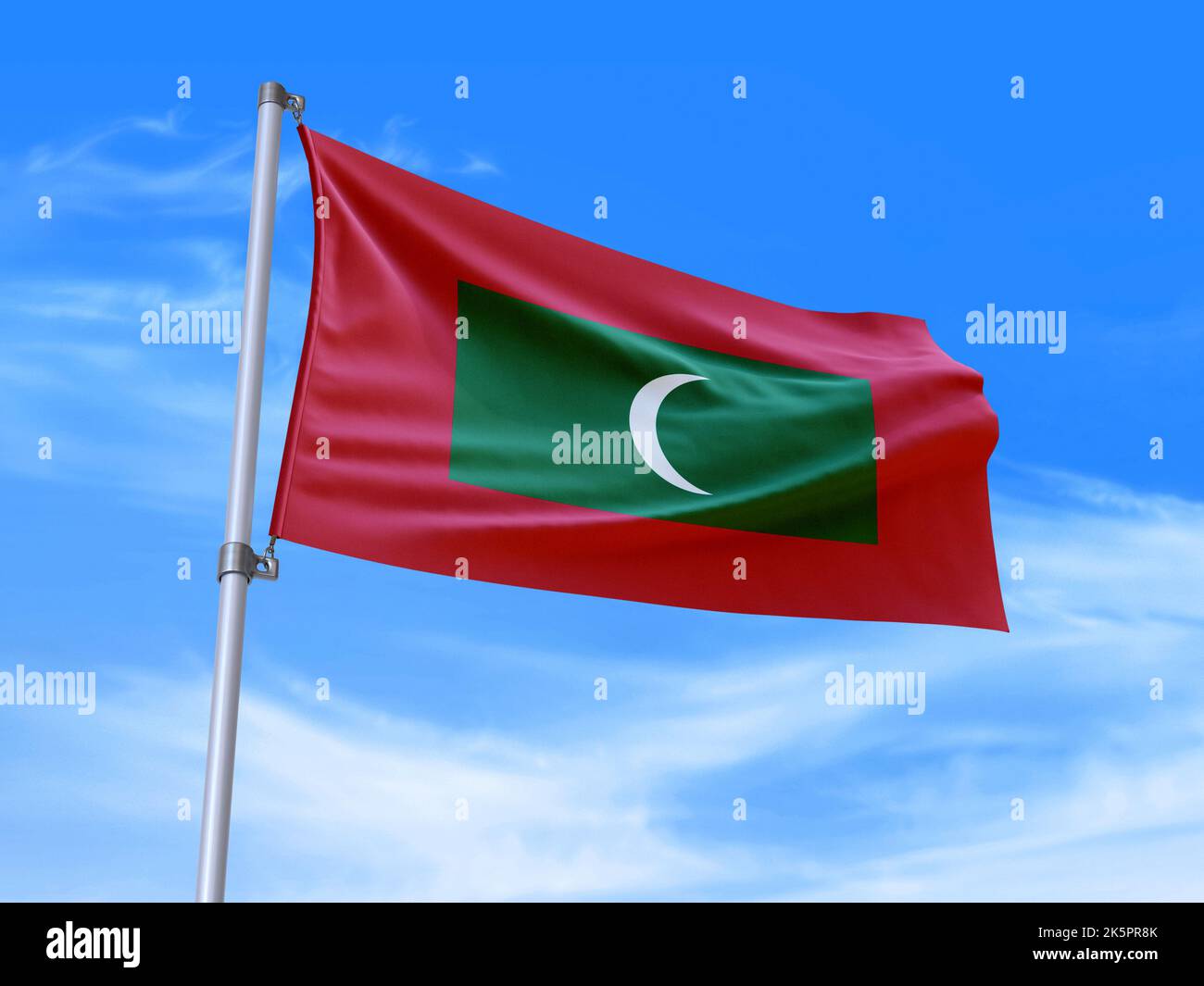 Beau drapeau des Maldives agitant dans le vent avec fond de ciel - 3D illustration - 3D rendu Banque D'Images