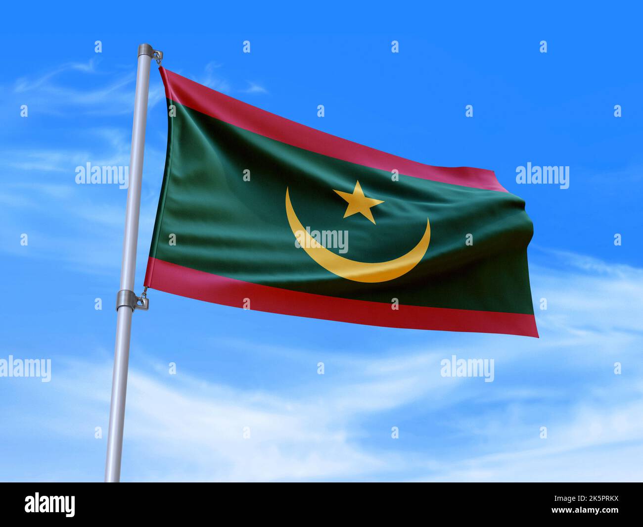 Magnifique drapeau mauritanien agitant dans le vent avec fond de ciel - 3D illustration - 3D rendu Banque D'Images