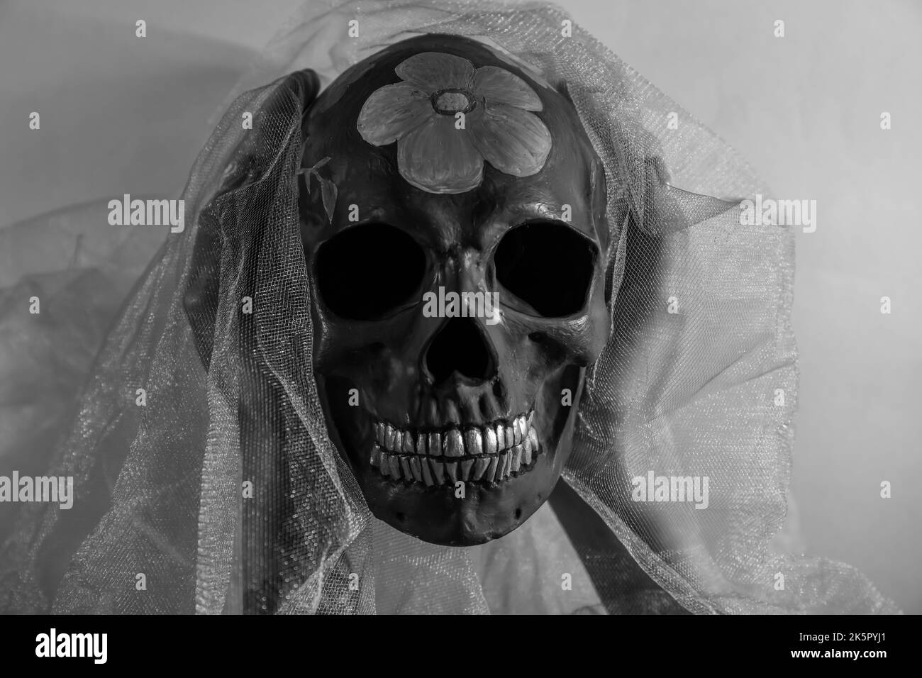 Femme au crâne peint pour le jour des morts du Mexique (El Dia de Muertos) et voile sur fond gris Banque D'Images